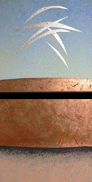 Dream of Flight: 2 canvas,  16"x16"x1.5" each, acrylic w silver & copper leaf,  2005